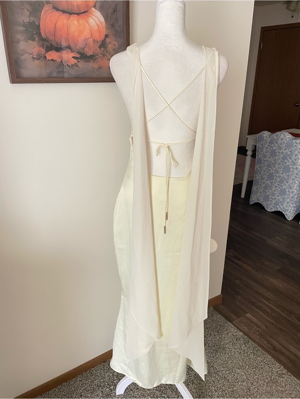 Studio LEXI Audrey High Neck Scarf Georgette Gown Dress Butter Cream US 4 Hemmed - Picture 11 of 11